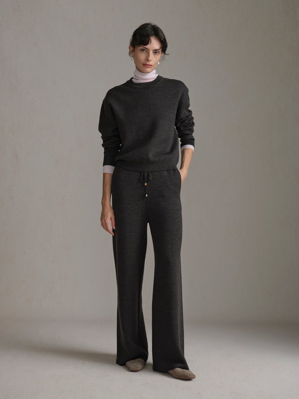 Product View of NOVA Straight-Leg Knit Trousers in Grey Brown.
