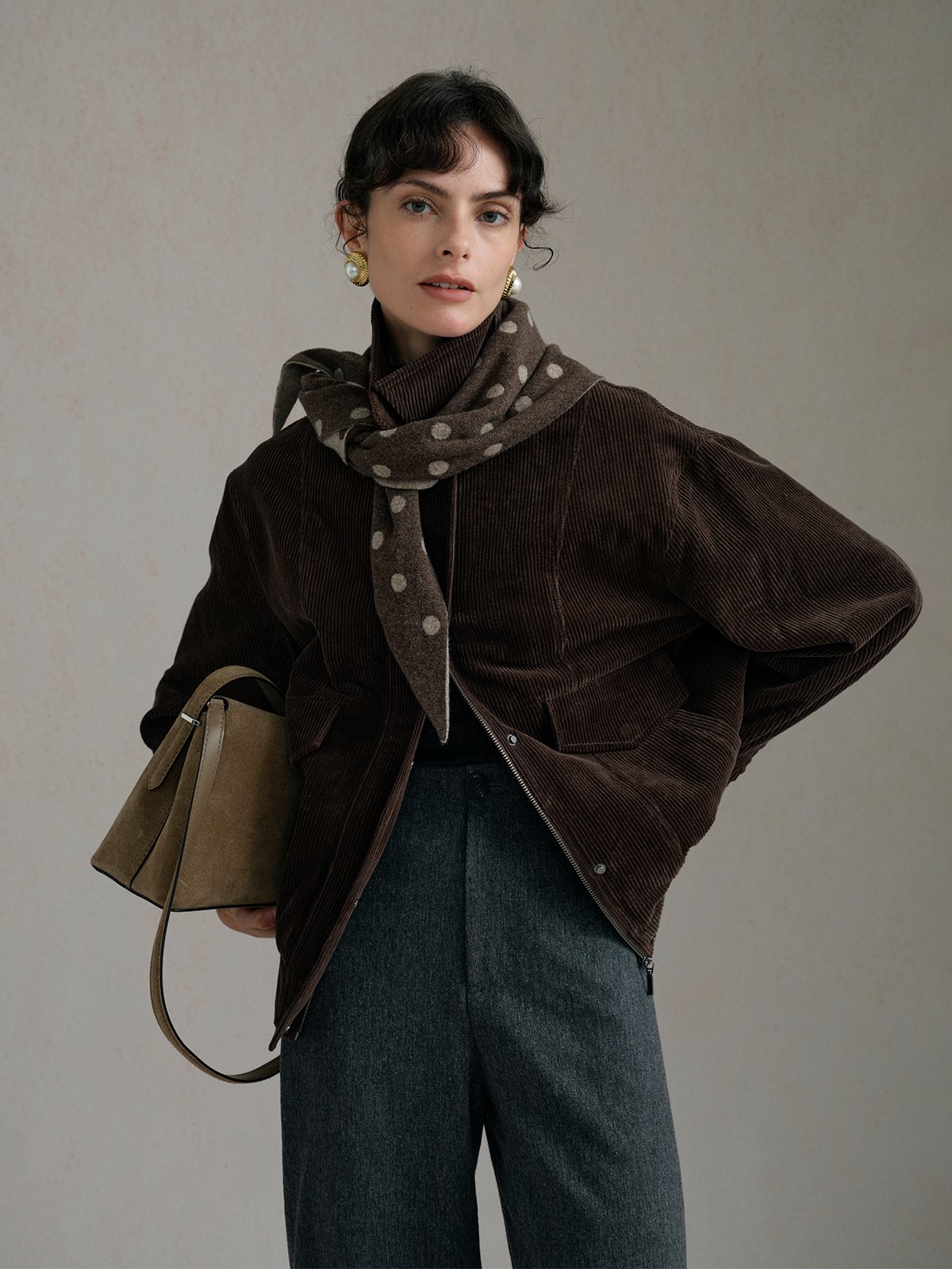 Product View of DOMINIQUE Corduroy Jacket in Brown.