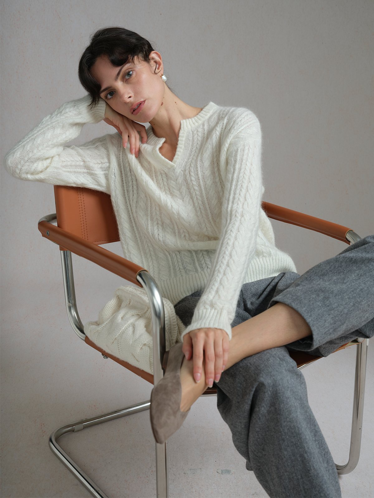 Product View of MARNIE Cable Jumper in Off-White.