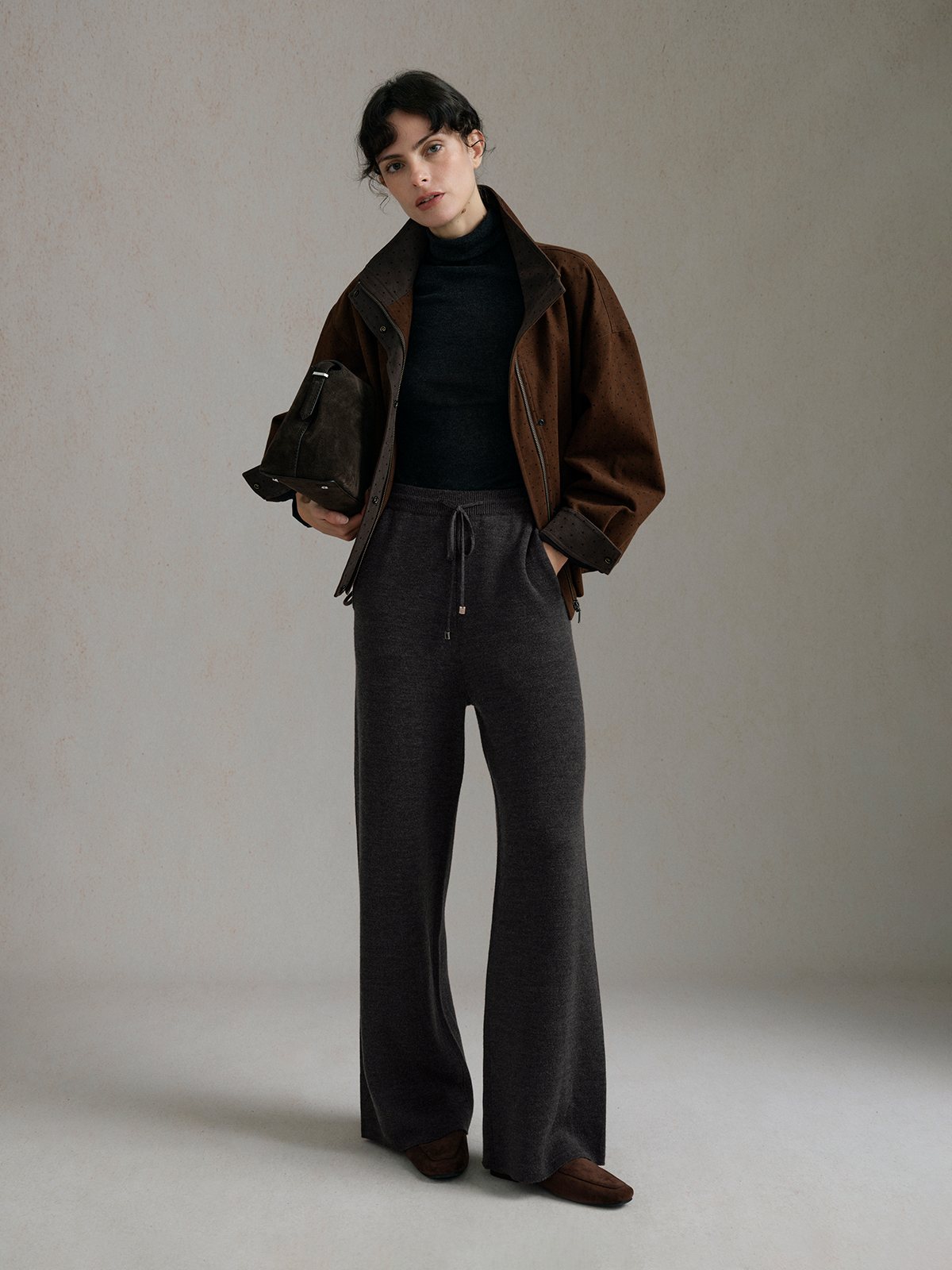Product View of NOVA Straight-Leg Knit Trousers in Grey Brown.
