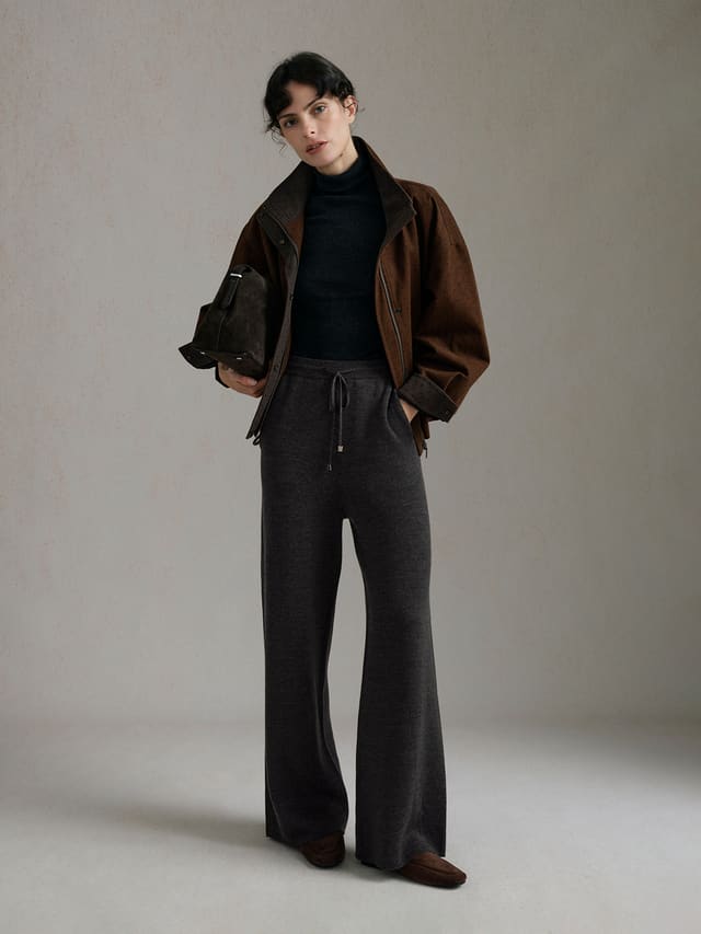Product View of NOVA Straight-Leg Knit Trousers in Grey Brown.