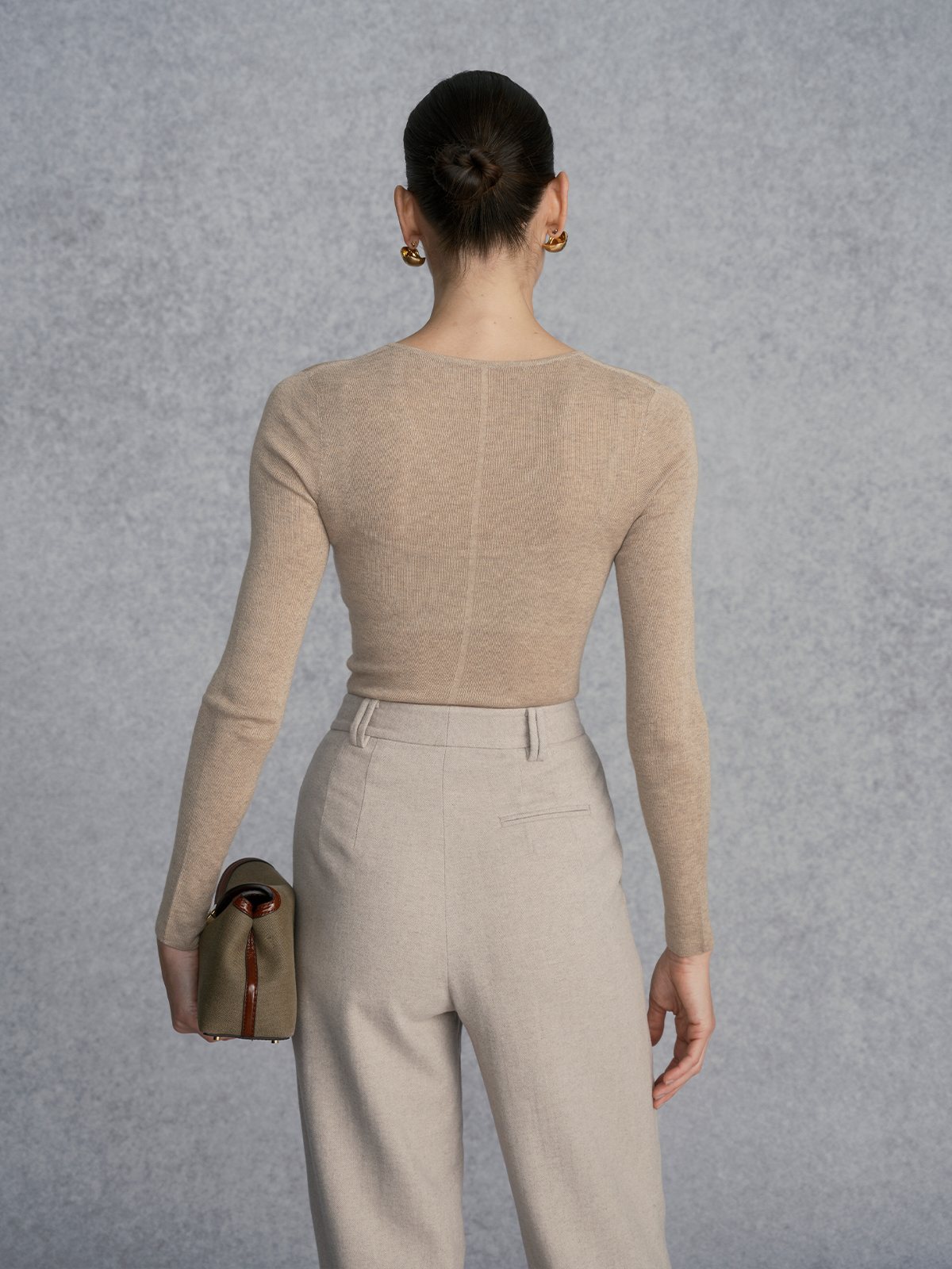 Product View of EASE V-Neck Seamless Fitted Base Layer in Light Brown.