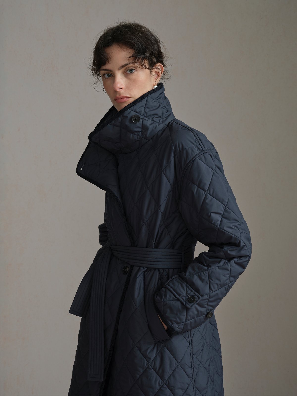 Product View of MAUDE Diamond Quilted Jacket in Navy.