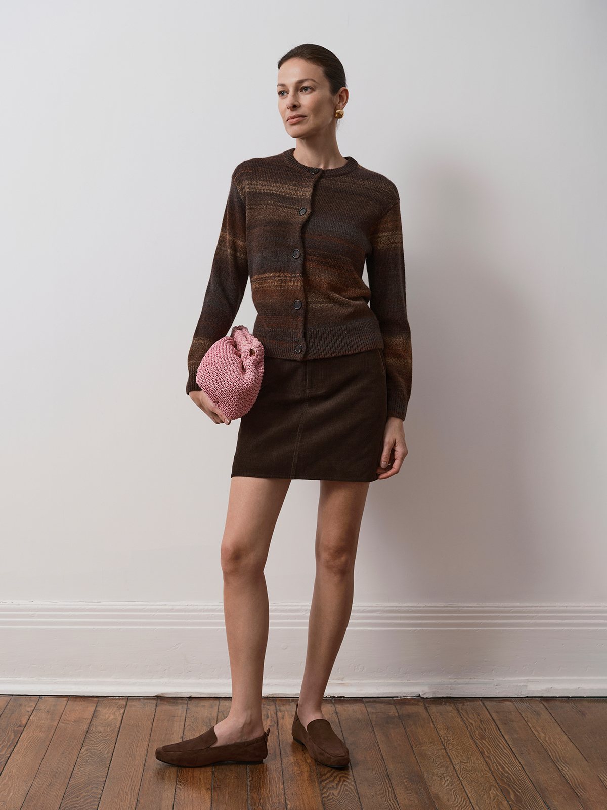 Product View of ELODIE Gradient Stripe Cardigan in Gradient Brown.