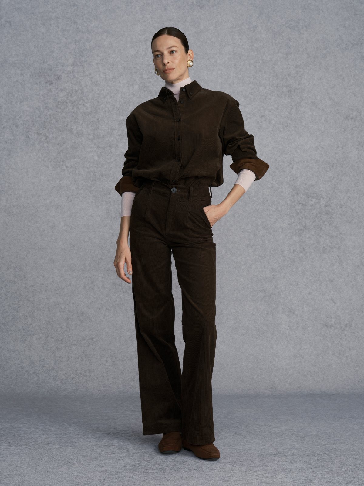 Product View of WICKHAM Corduroy Shirt and Trousers in Brown.