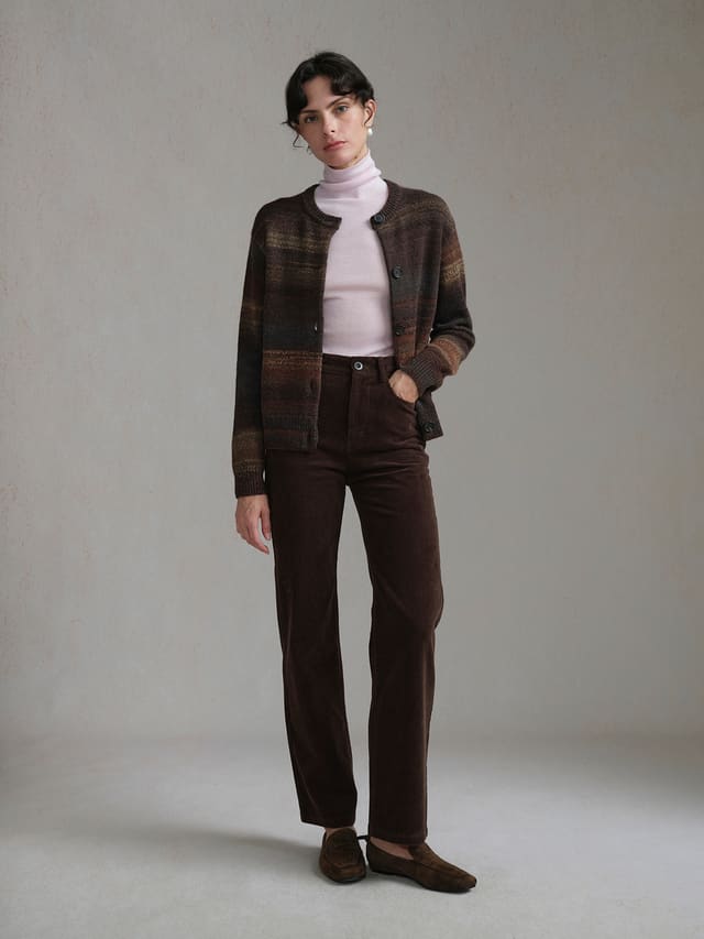 Product View of ELODIE Gradient Stripe Cardigan in Gradient Brown.
