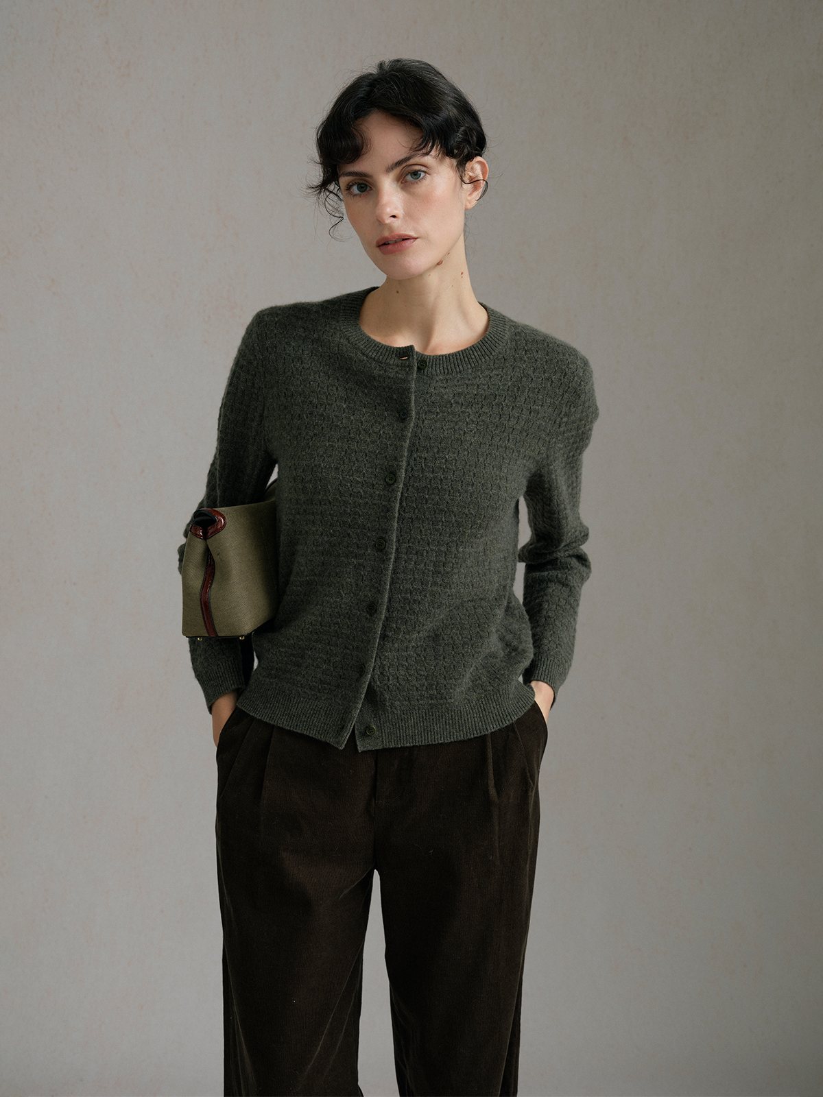 Product View of COURTNEY Cashmere Cardigan in Green.