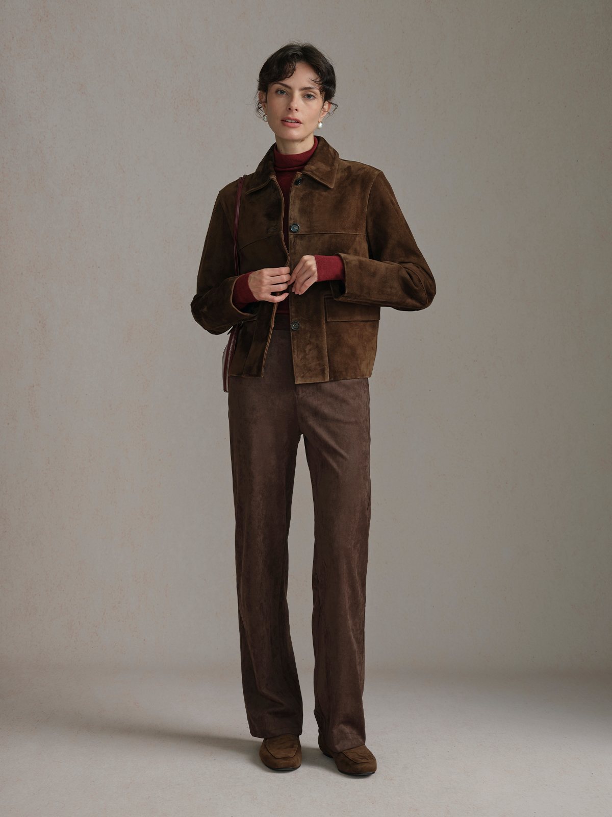 Product View of BINLEY Suede Lambskin Jacket in Dark Brown.