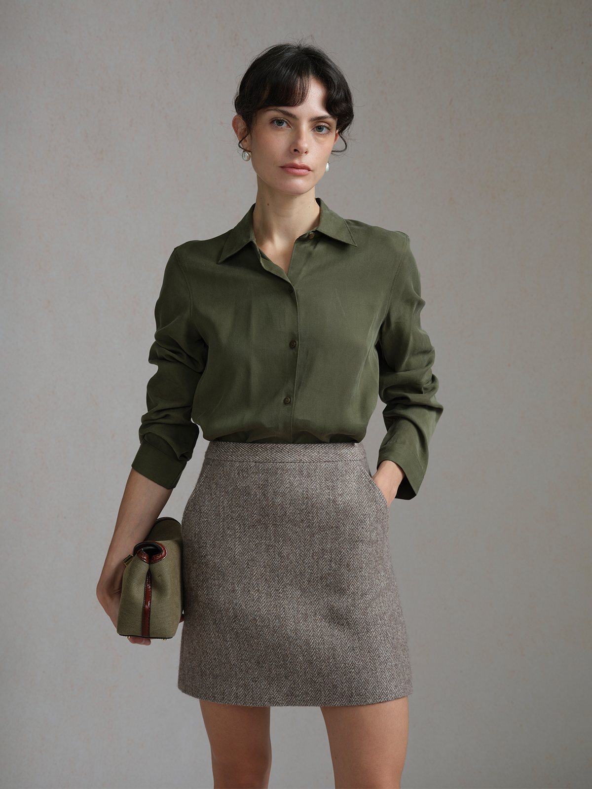 Product View of ELOISE Herringbone A-line Skirt in Light Brown.