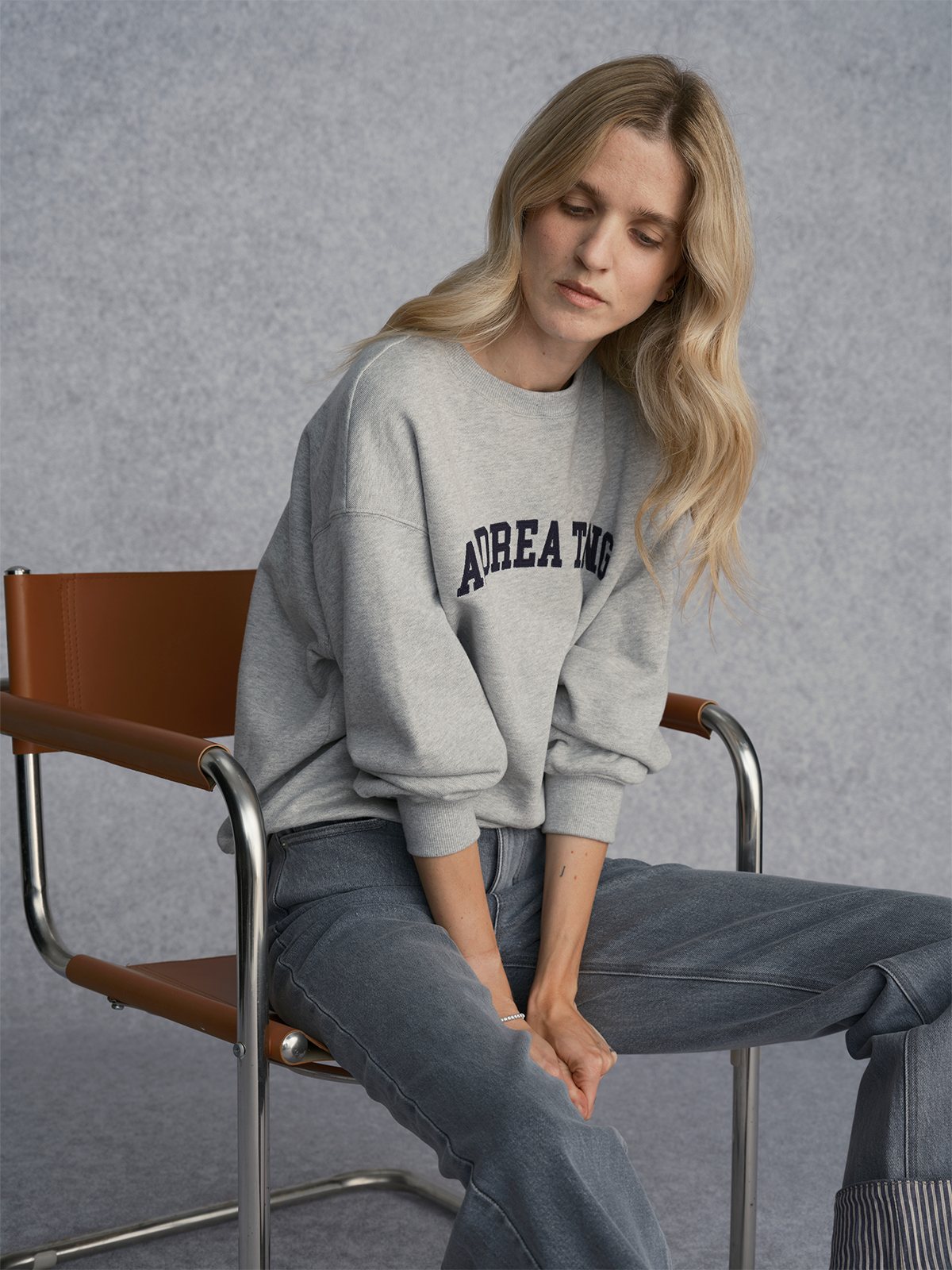 Product View of LETTERMAN Appliqué Letter Sweatshirt in Grey.
