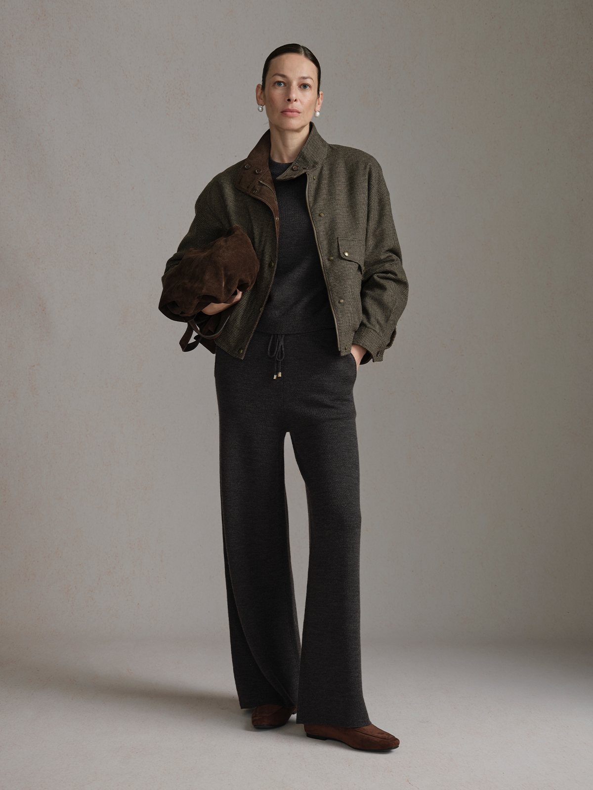 Product View of NOVA Straight-Leg Knit Trousers in Grey Brown.