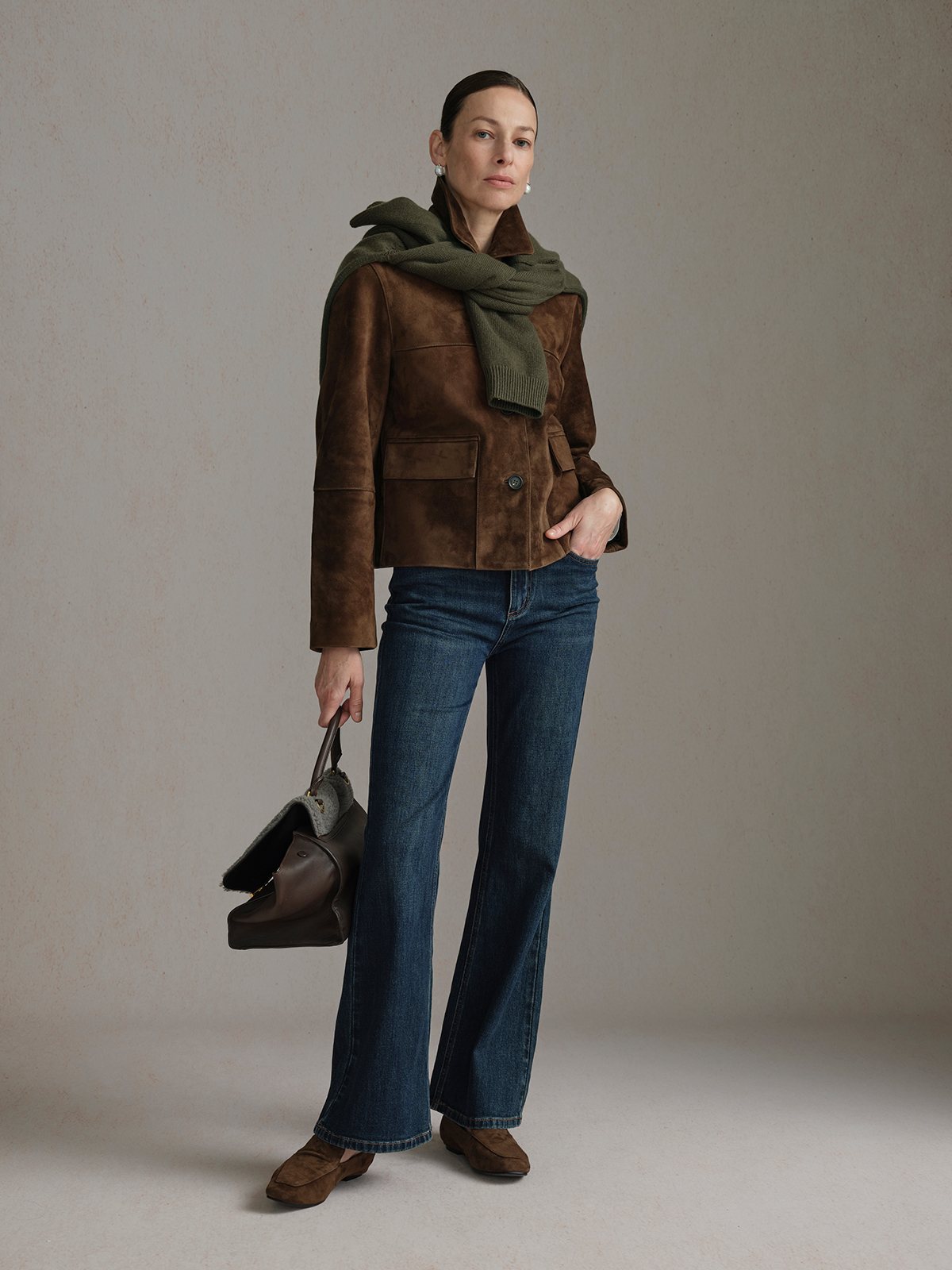 Product View of BINLEY Suede Lambskin Jacket in Dark Brown.