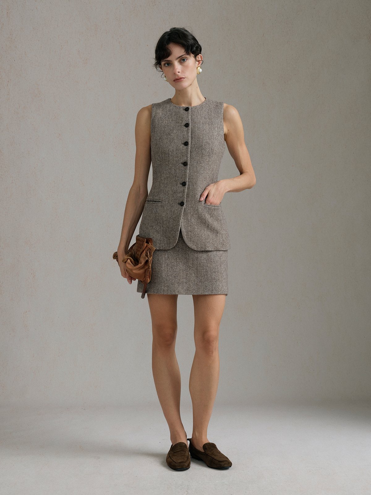 Product View of ELOISE Herringbone A-line Skirt in Light Brown.