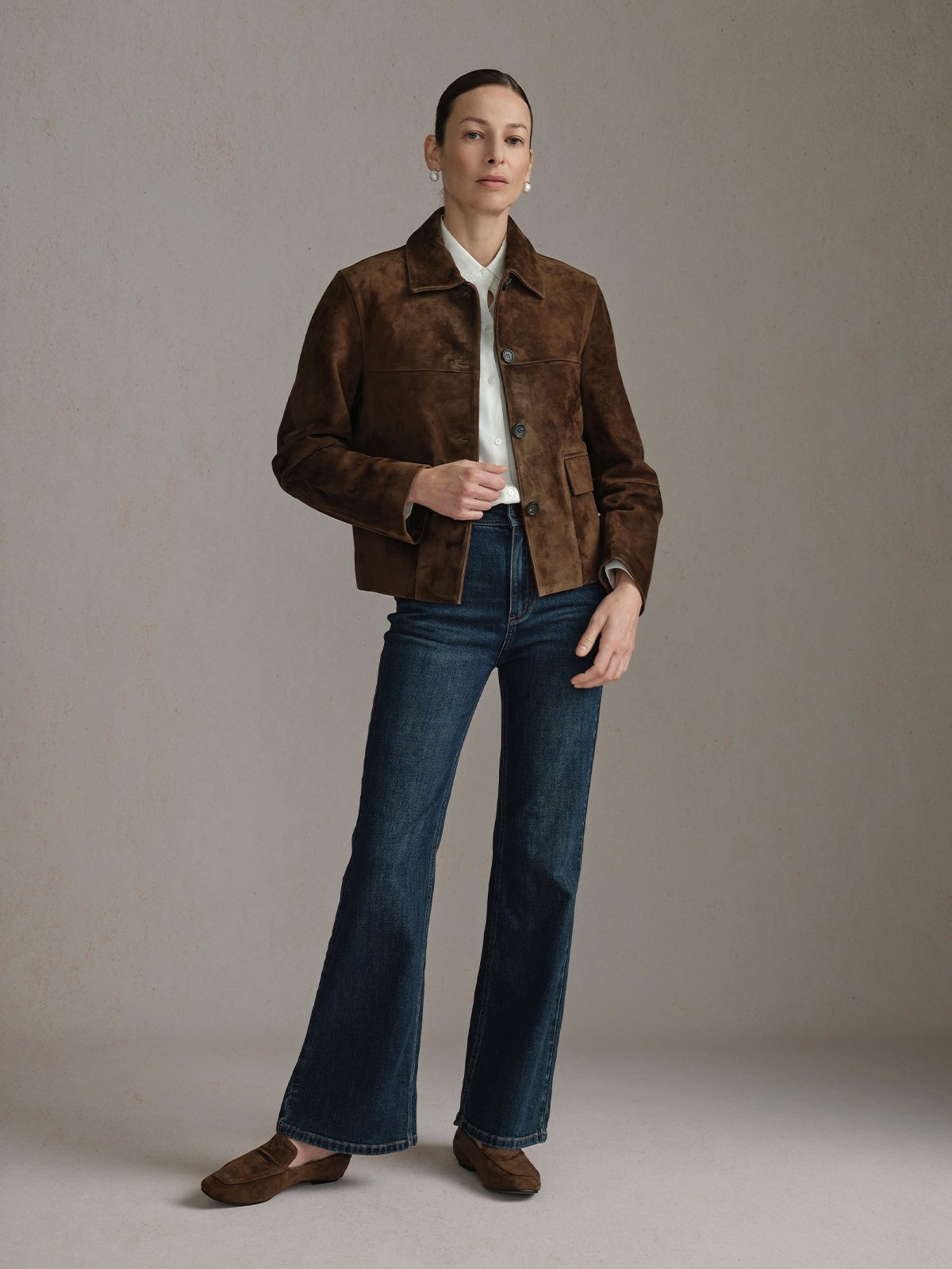 Product View of BINLEY Suede Lambskin Jacket in Dark Brown.