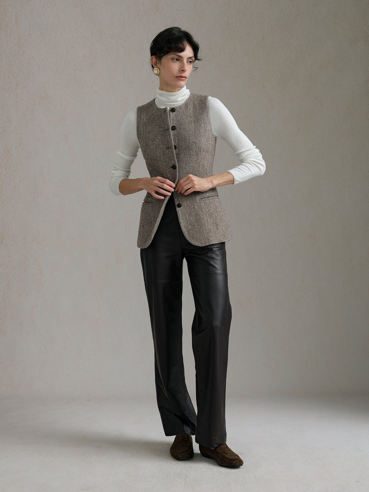 Product View of BURGESS Herringbone Waistcoat in Light Brown.