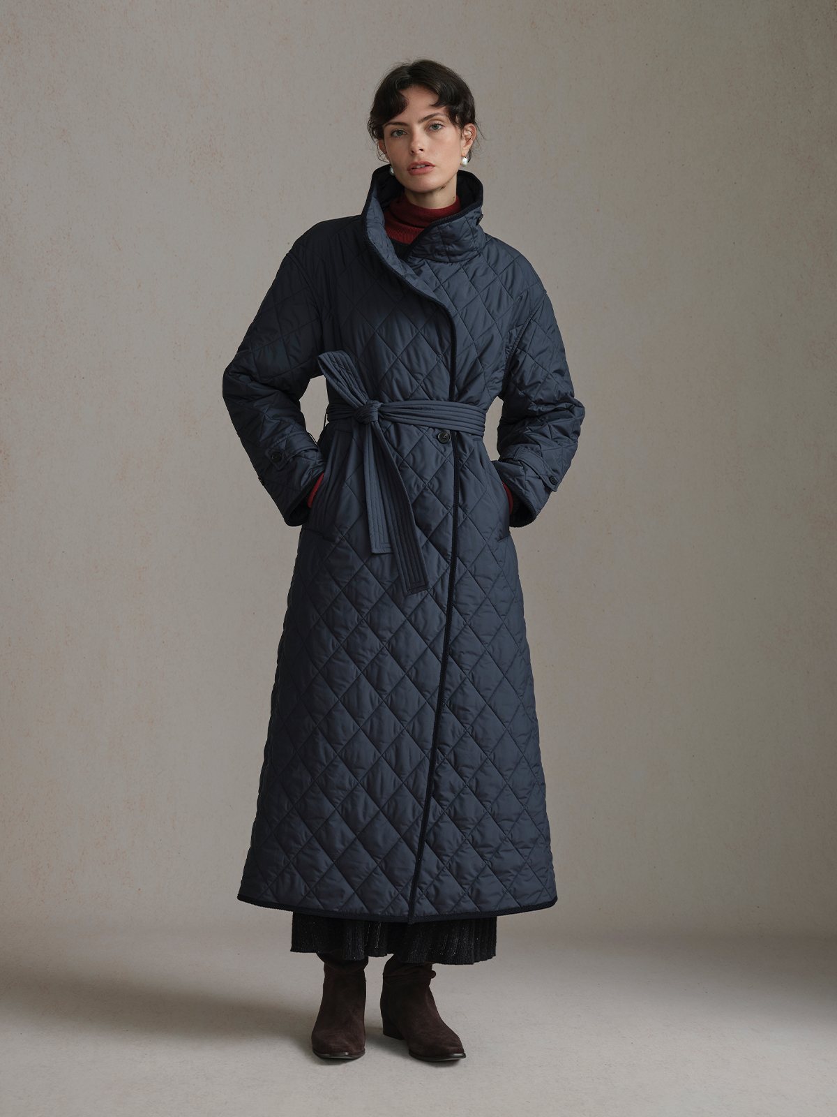 Product View of MAUDE Diamond Quilted Jacket in Navy.