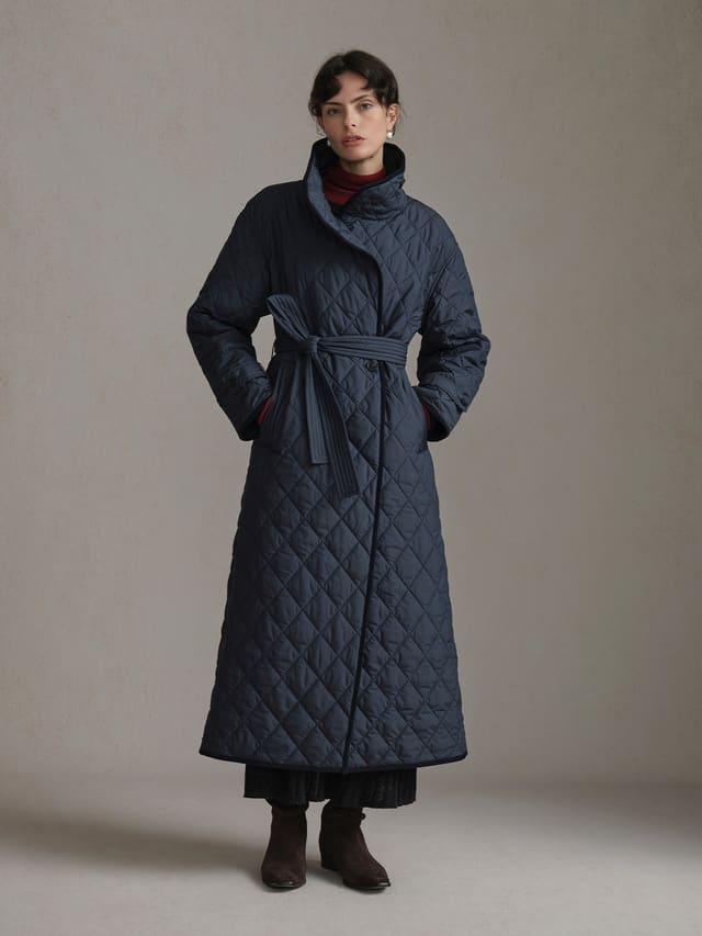 Product View of MAUDE Diamond Quilted Jacket in Navy.