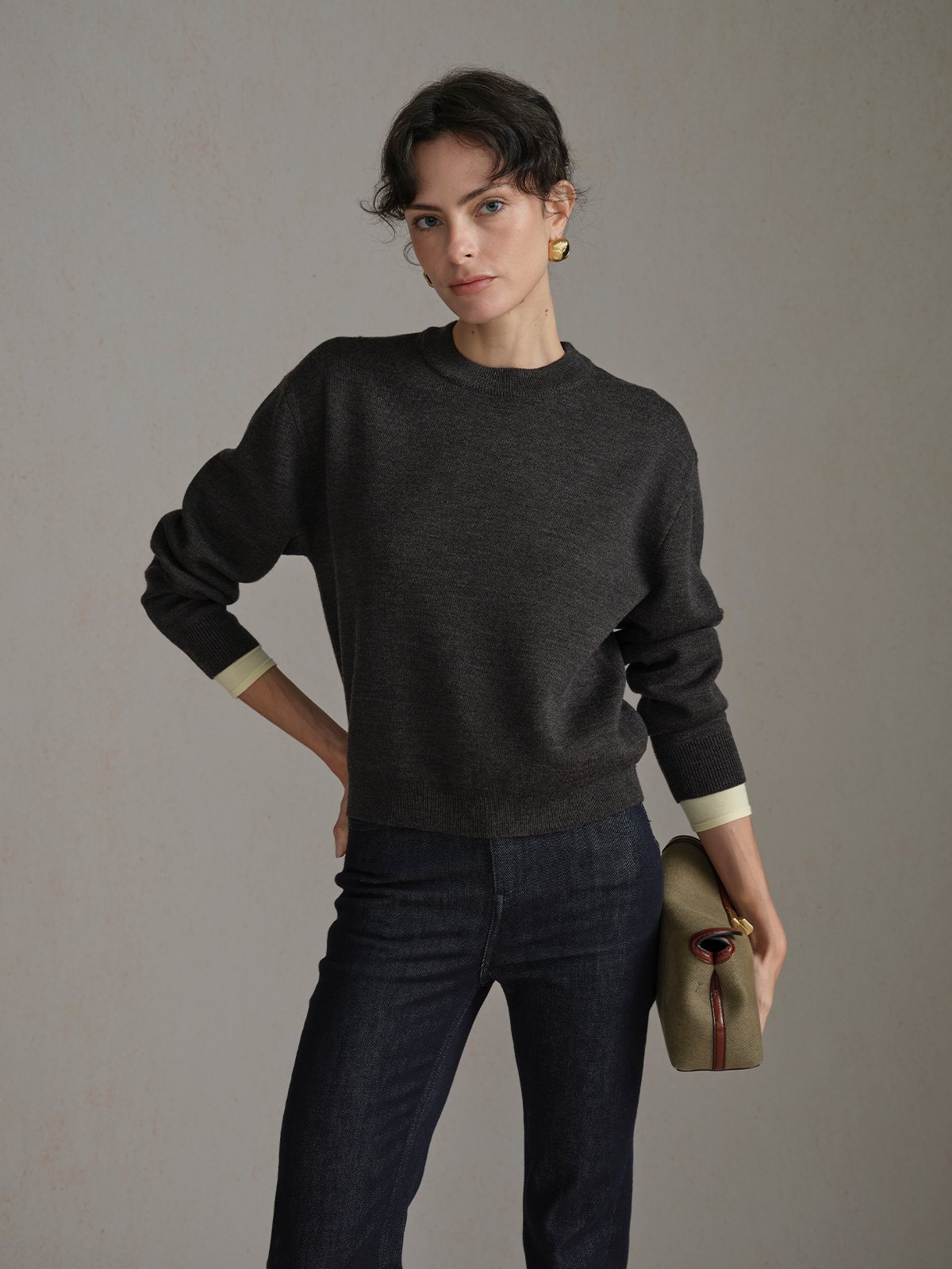 Product View of MILO Slightly Relaxed Jumper in Grey Brown.