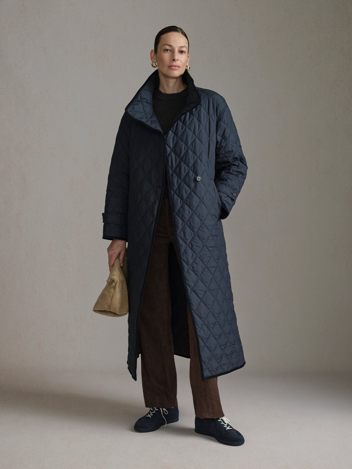 Product View of MAUDE Diamond Quilted Jacket in Navy.