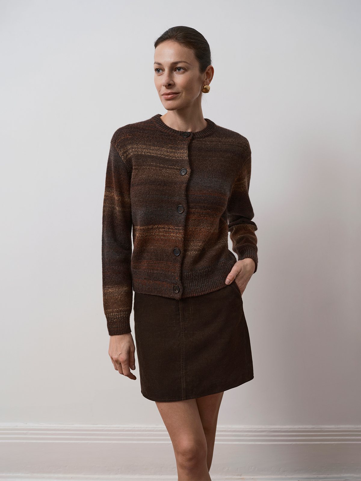 Product View of ELODIE Gradient Stripe Cardigan in Gradient Brown.