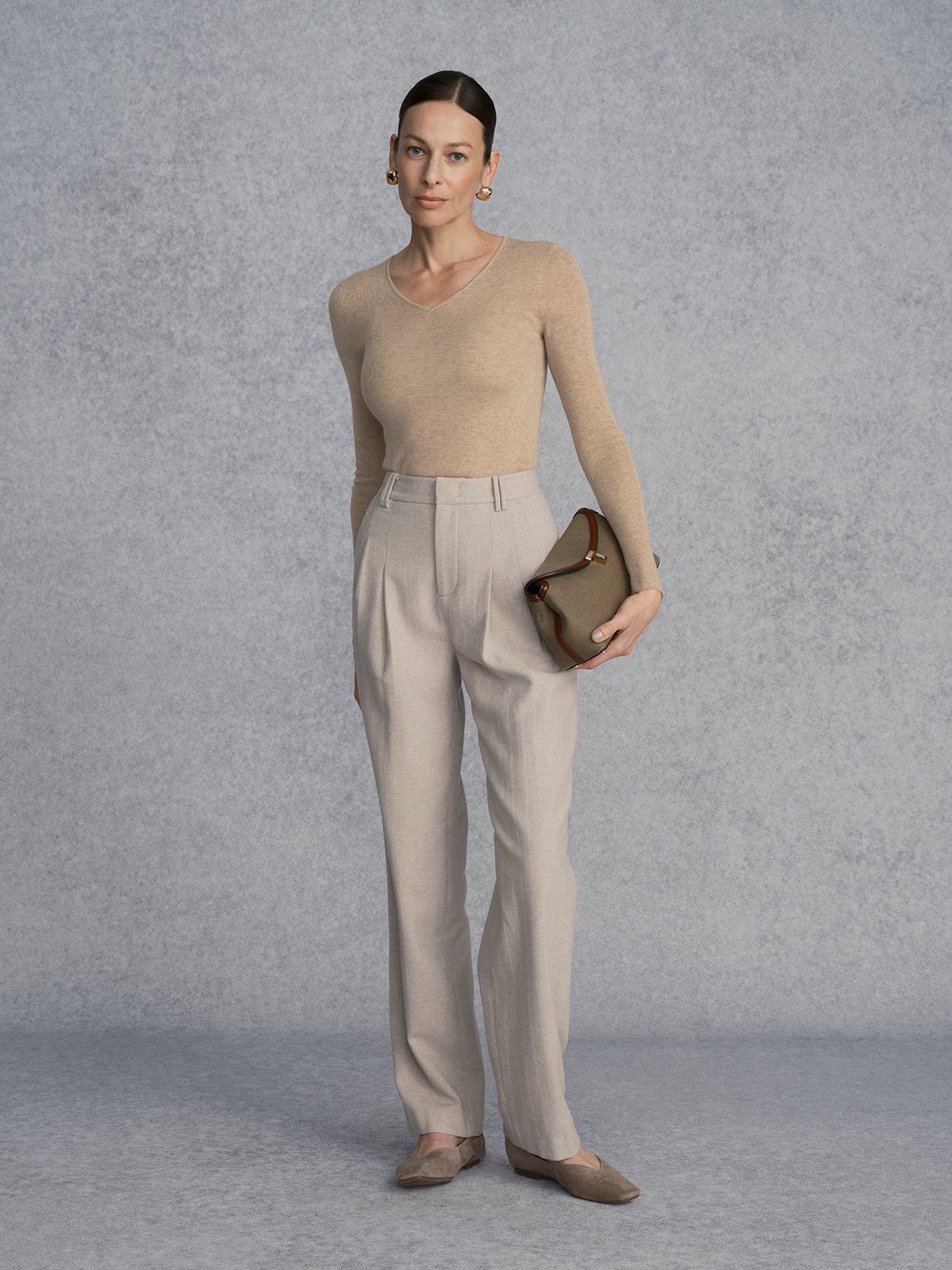 Product View of EASE V-Neck Seamless Fitted Base Layer in Light Brown.