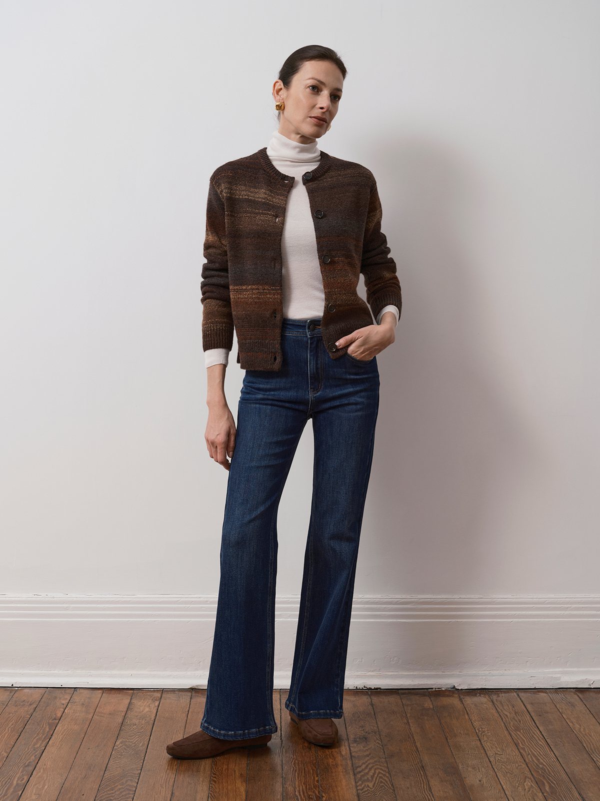 Product View of ELODIE Gradient Stripe Cardigan in Gradient Brown.
