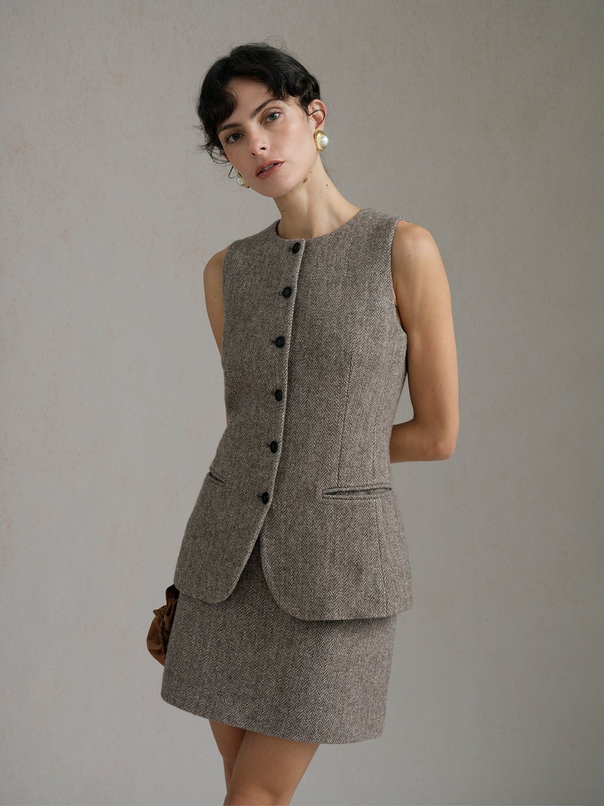 Product View of BURGESS Herringbone Waistcoat in Light Brown.
