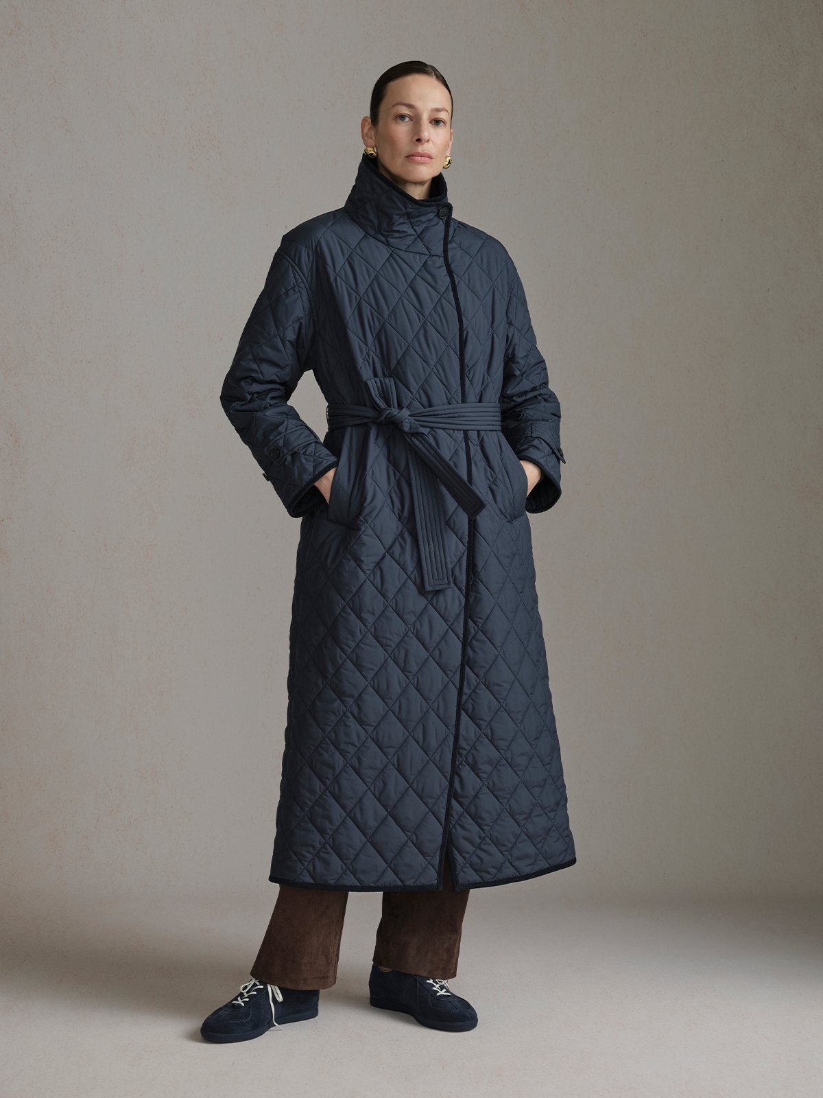 Product View of MAUDE Diamond Quilted Jacket in Navy.