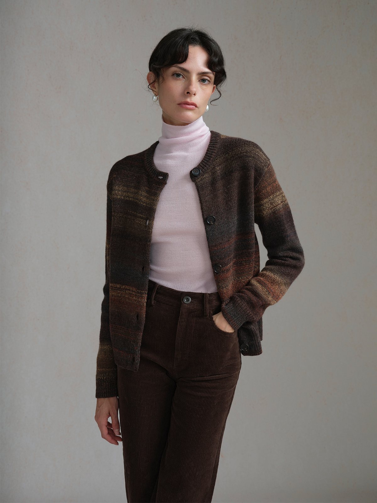 Product View of ELODIE Gradient Stripe Cardigan in Gradient Brown.