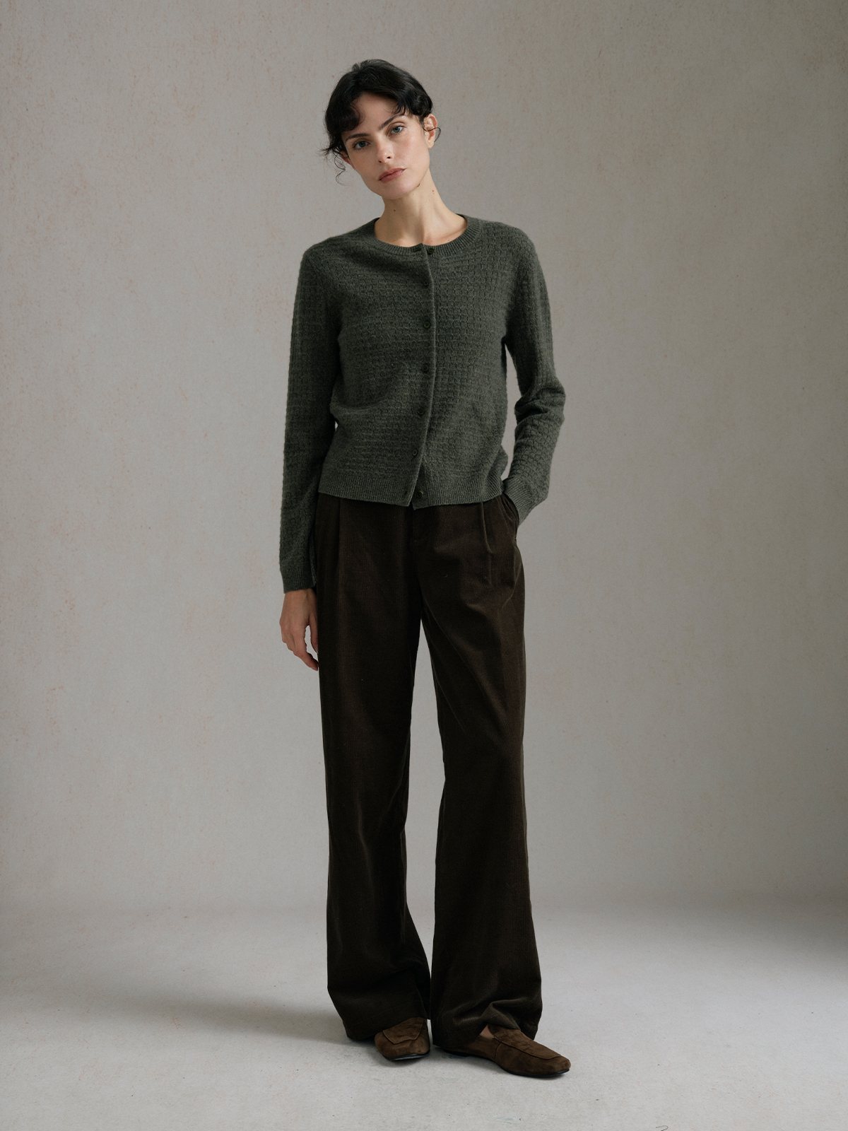 Product View of COURTNEY Cashmere Cardigan in Green.