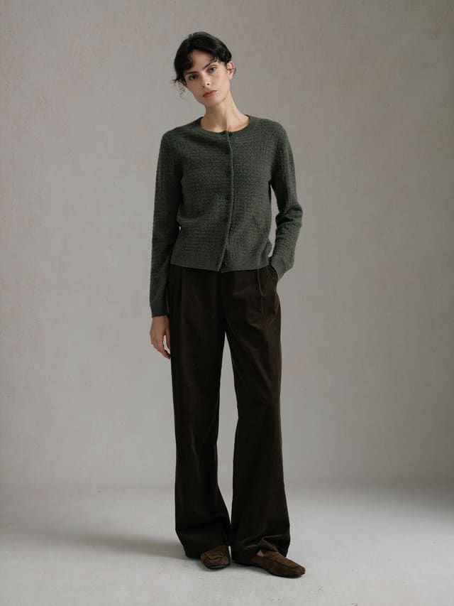 Product View of COURTNEY Cashmere Cardigan in Green.