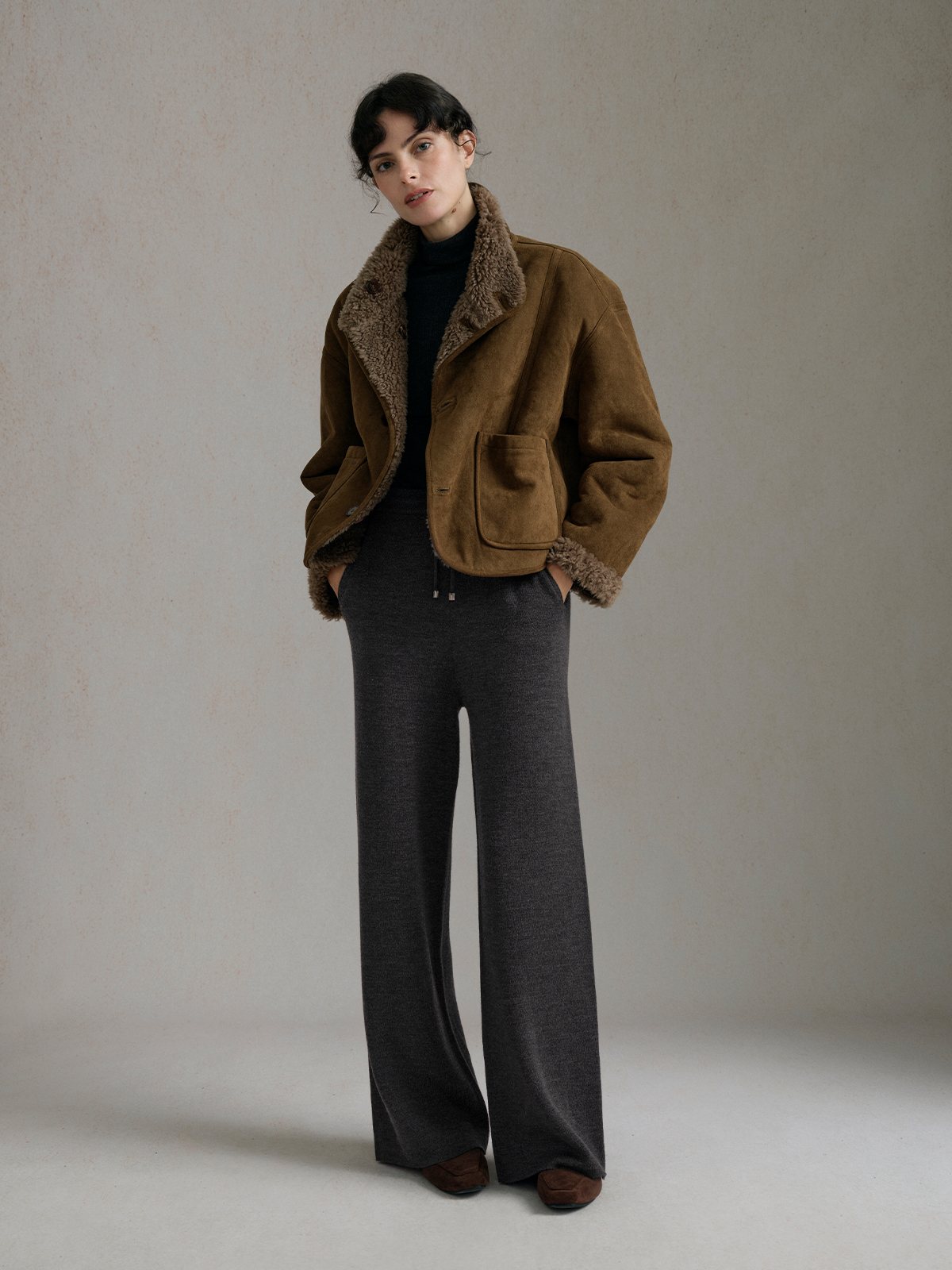 Product View of NOVA Straight-Leg Knit Trousers in Grey Brown.
