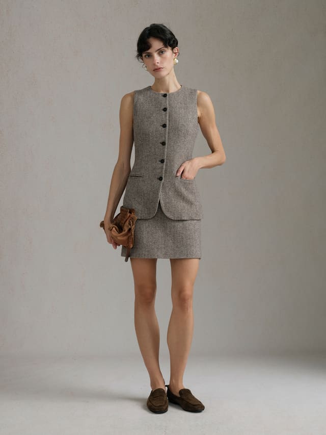 Product View of BURGESS Herringbone Waistcoat in Light Brown.