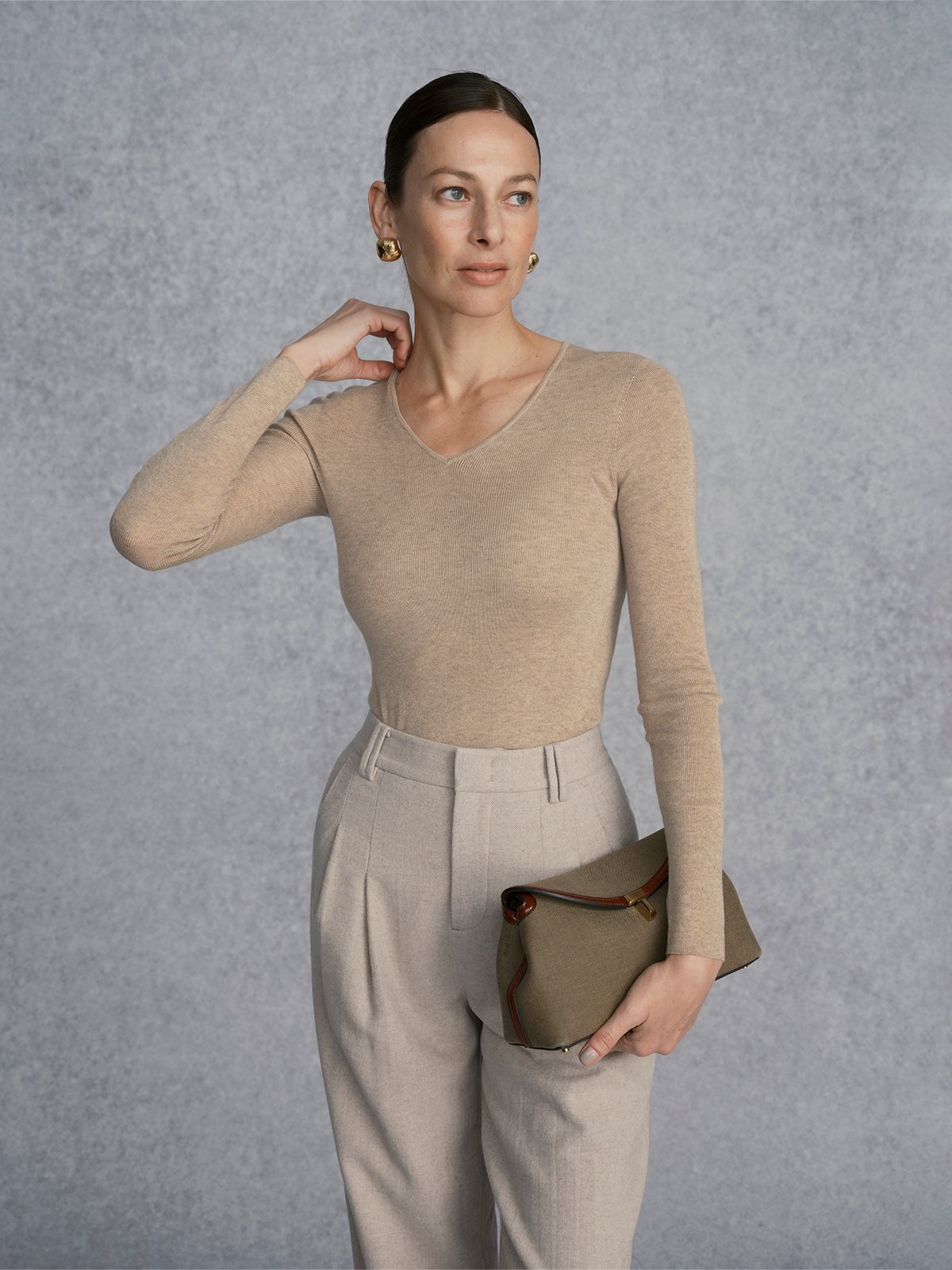 Product View of EASE V-Neck Seamless Fitted Base Layer in Light Brown.