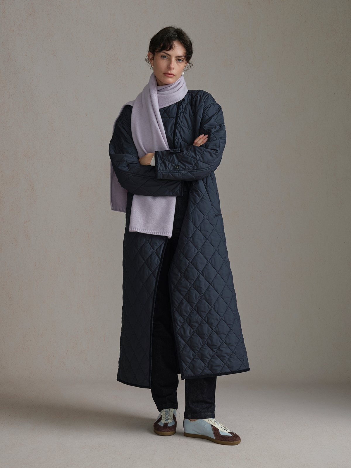 Product View of MAUDE Diamond Quilted Jacket in Navy.