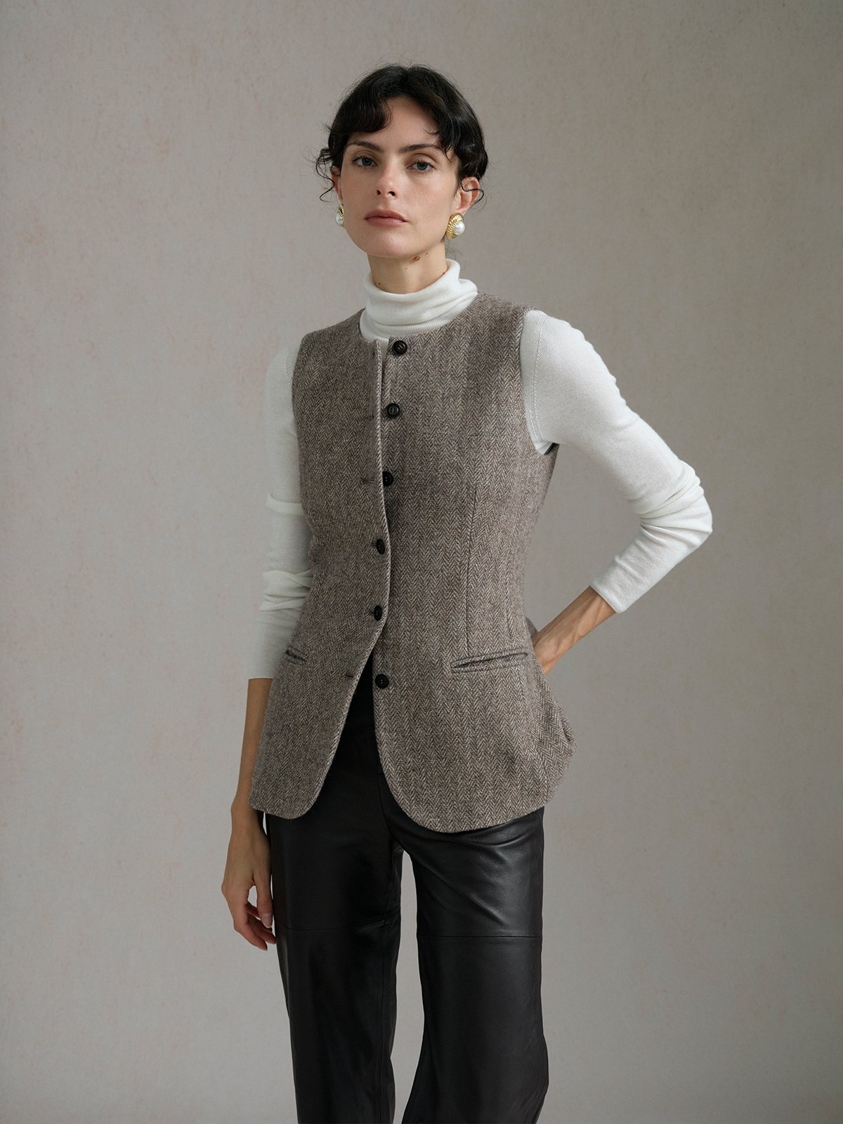 Product View of BURGESS Herringbone Waistcoat in Light Brown.