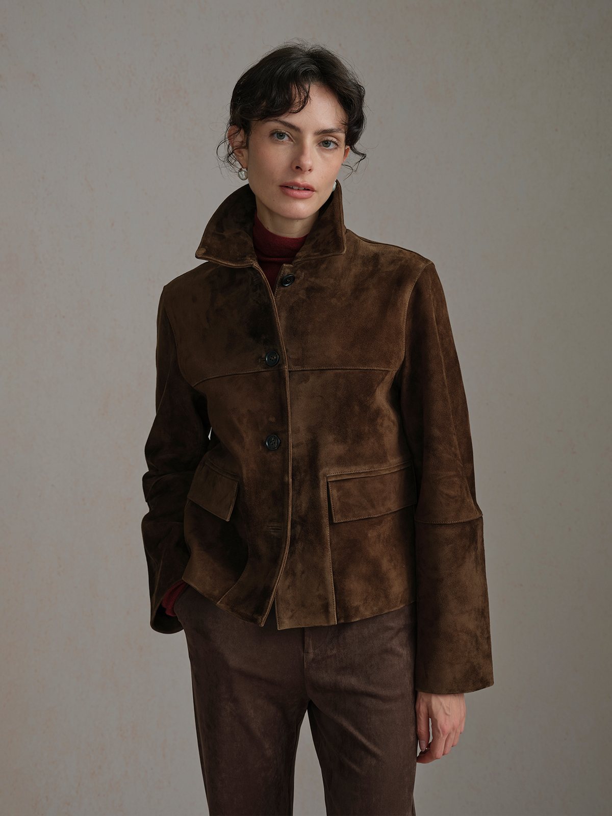 Product View of BINLEY Suede Lambskin Jacket in Dark Brown.