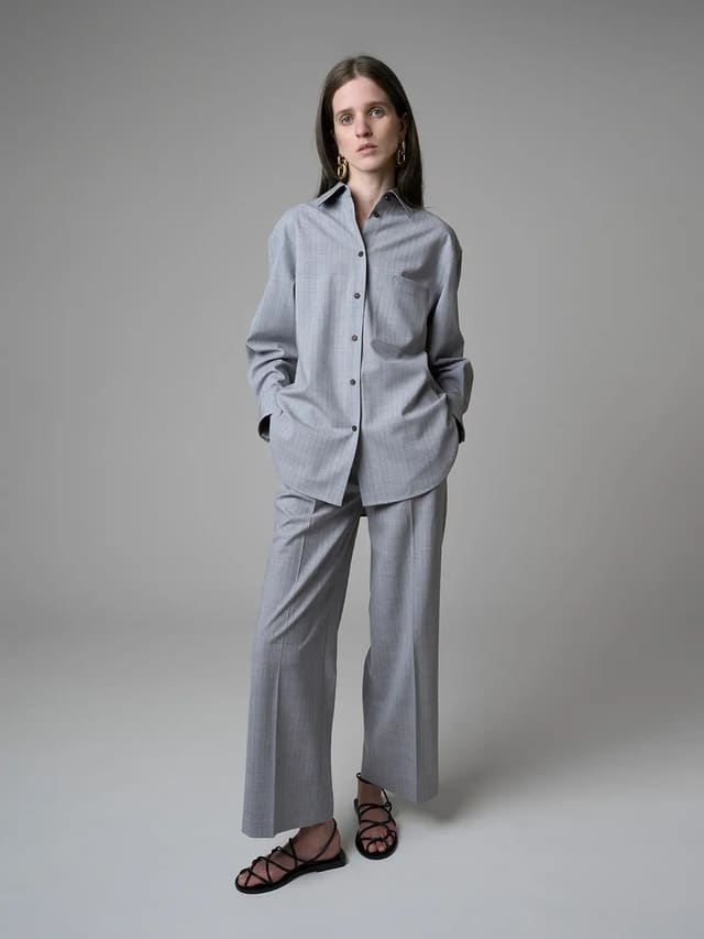 grey striped casual loose wool shirt-Model front view-01