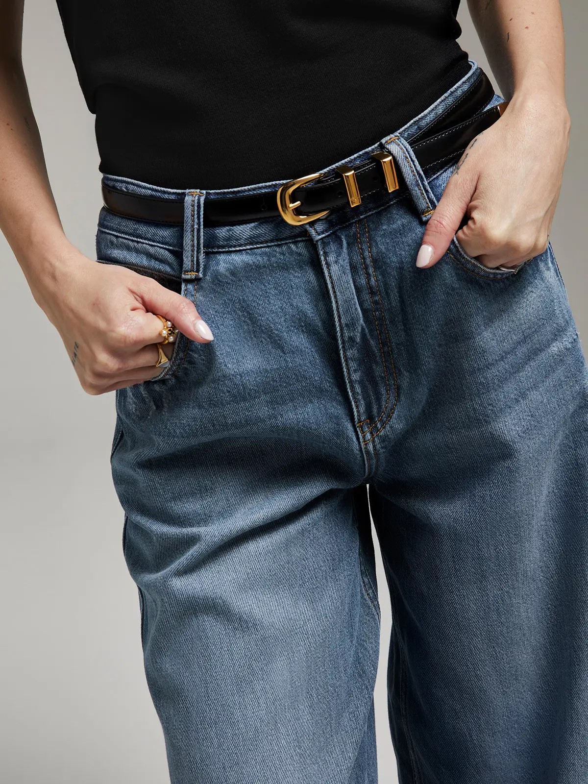 lyocell cotton thin soft mid low waist wide leg jeans-Model front photo-05