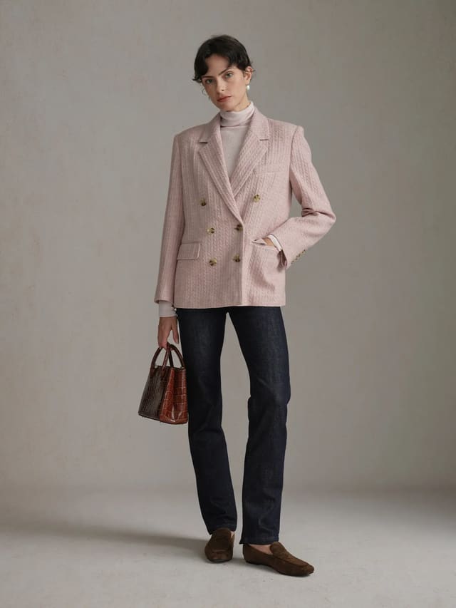 Model wearing dusty pink HARLOW Cable Knit Blazer with white turtleneck, dark denim, and brown croc-embossed bag—full-body front view