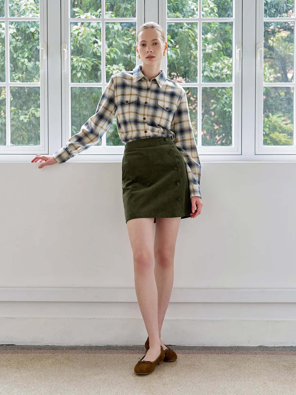 Andreatang BRAMBLE plaid shirt with olive corduroy A-line skirt and brown suede flats