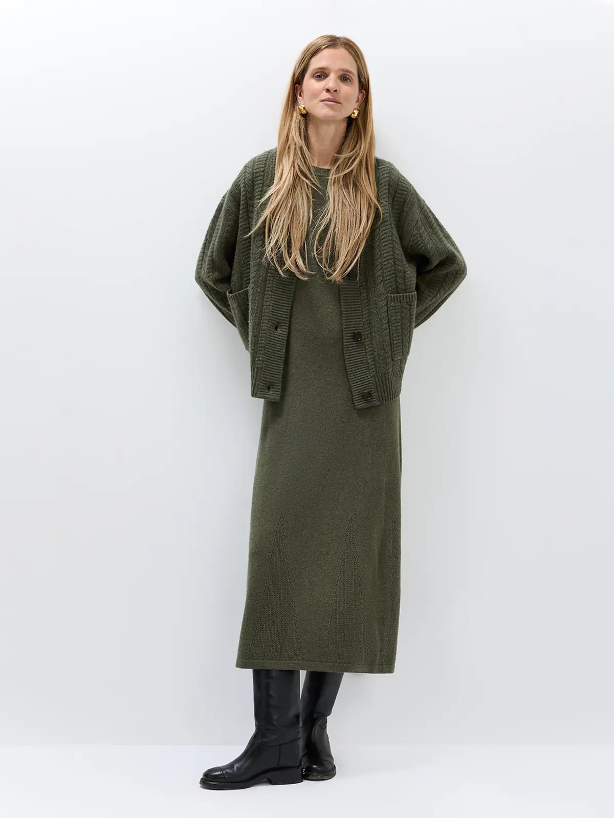 HATTIE｜Cashmere Wool Blend V-Neck Cable Cardigan - green