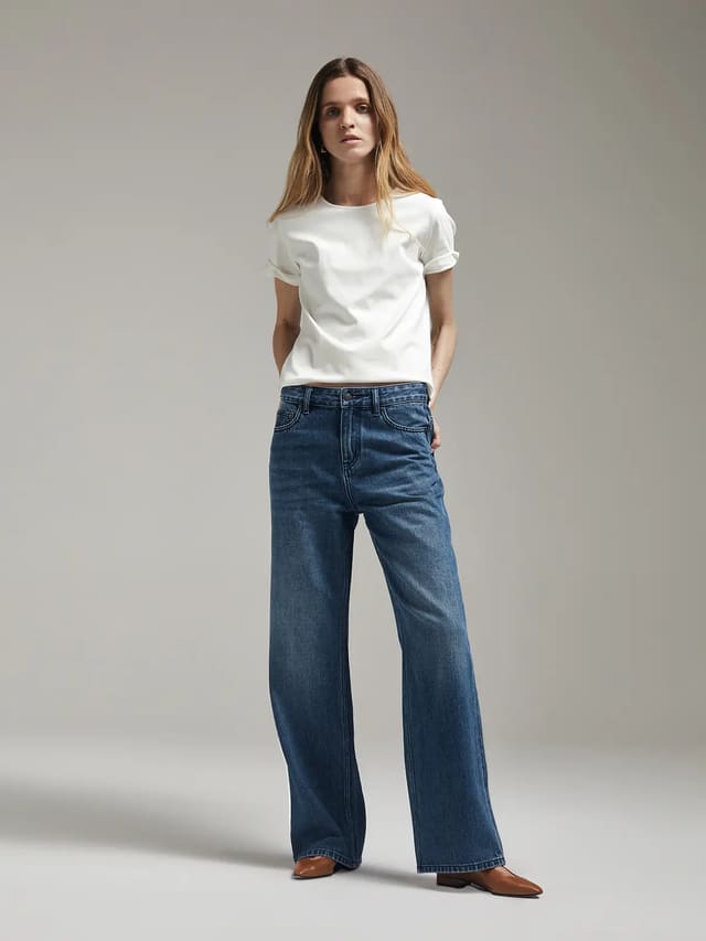 retro dark blue mid low waist straight jeans - Model front photo