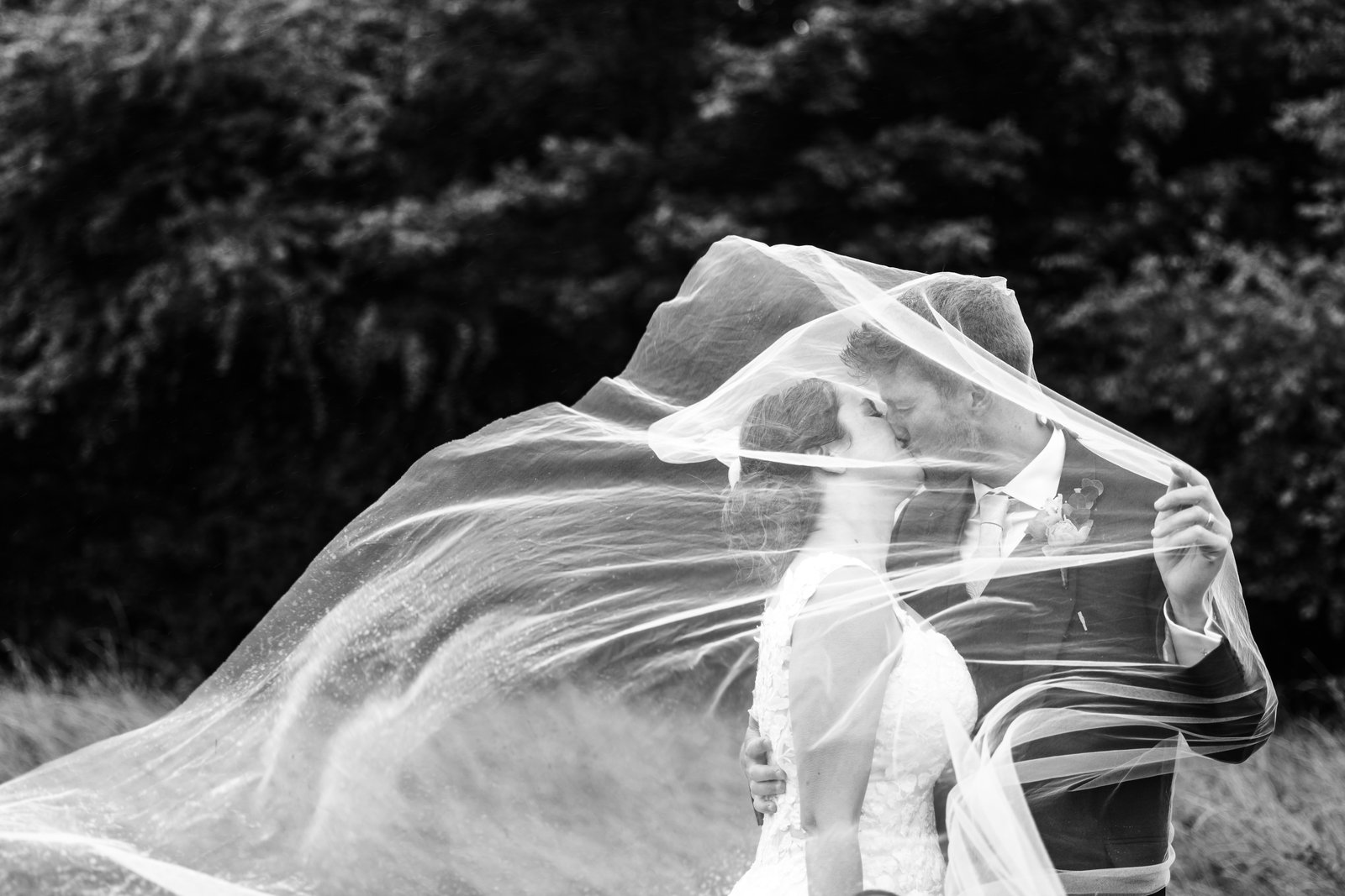 Bride's veil caught by the wind and billowing across the frame, in black and white.