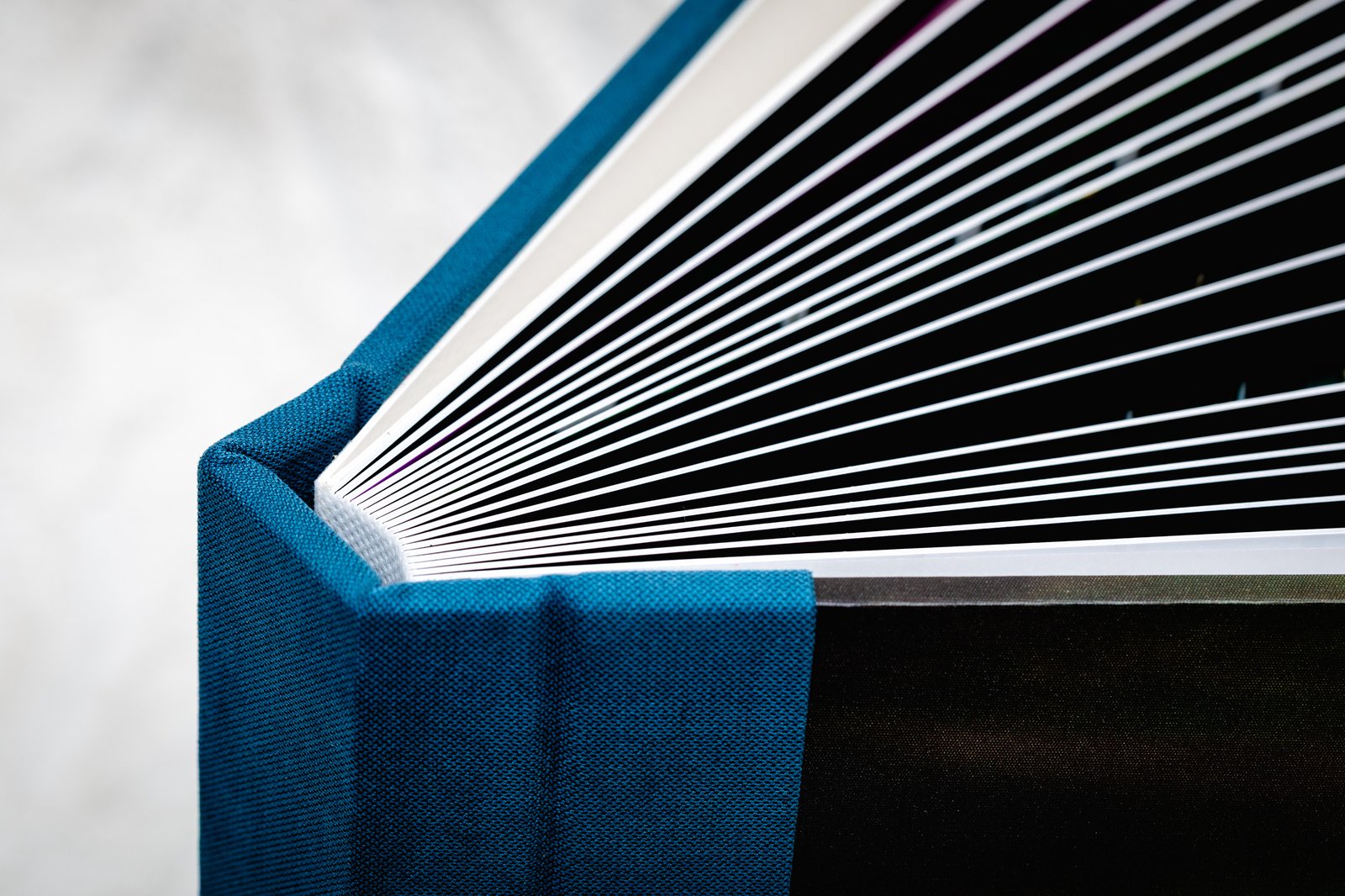 Close-up of the blue album&rsquo;s fanned pages, showing how the lay-flat binding lets every spread open flat.