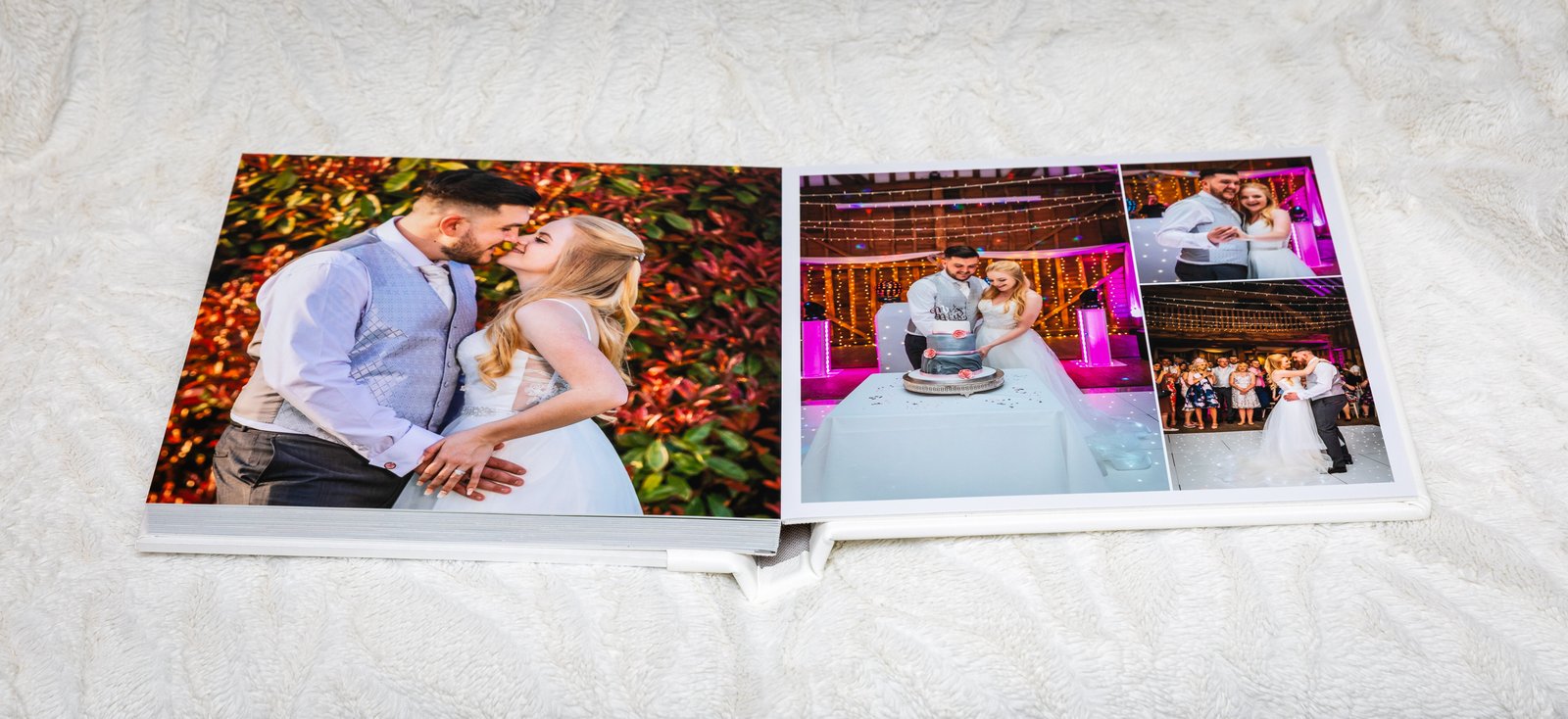 White album opened flat to a spread laid out with several photos from the day.