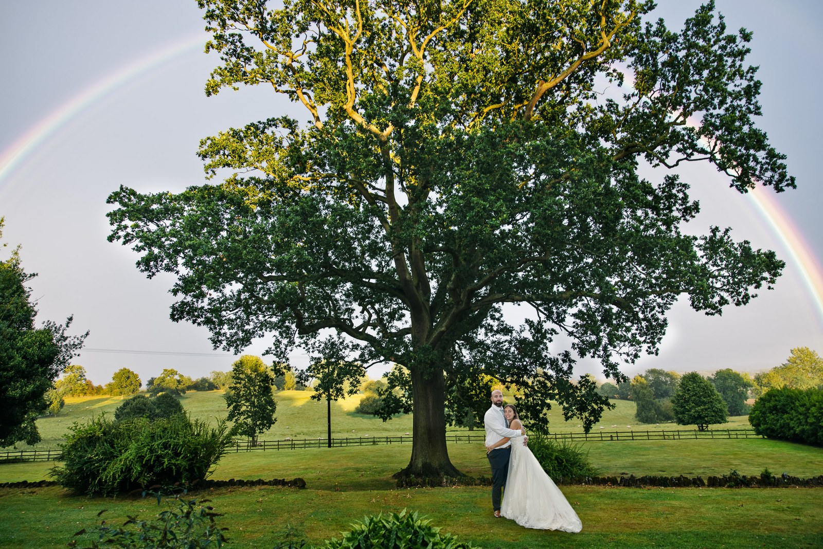 The couple tiny beneath a great parkland tree with a rainbow overhead