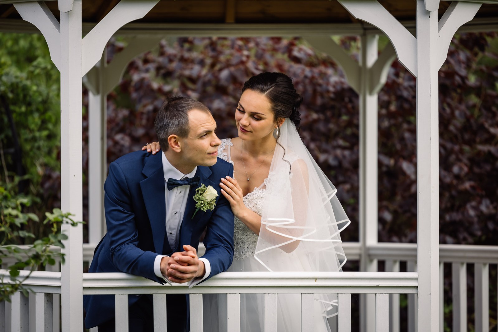 The couple in a white garden summerhouse in the grounds of Cantley House Hotel