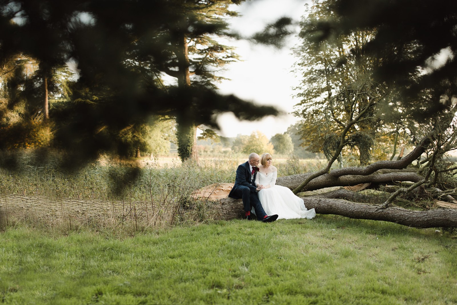 The couple sit on a fallen tree in the parkland of Chicheley Hall