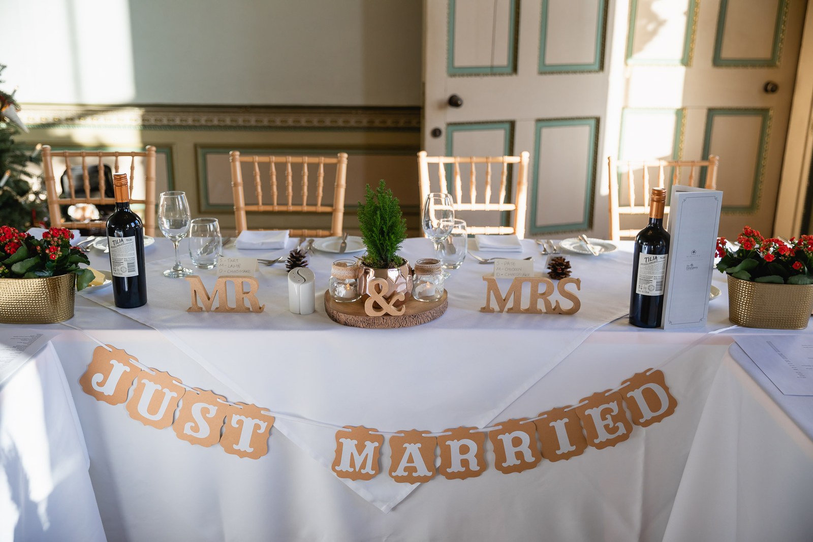 The top table dressed with 'Mr & Mrs' letters and 'Just Married' bunting